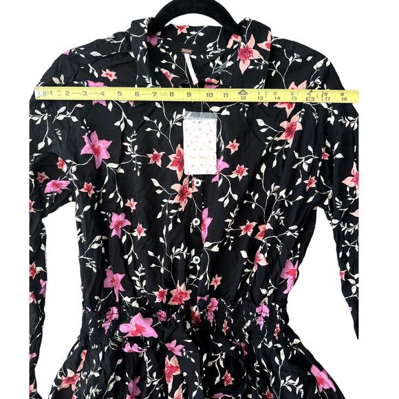 NWT Free People Lighten Up Floral Mini Dress, Long Sleeves, Black, Size SMALL - Picture 4 of 6